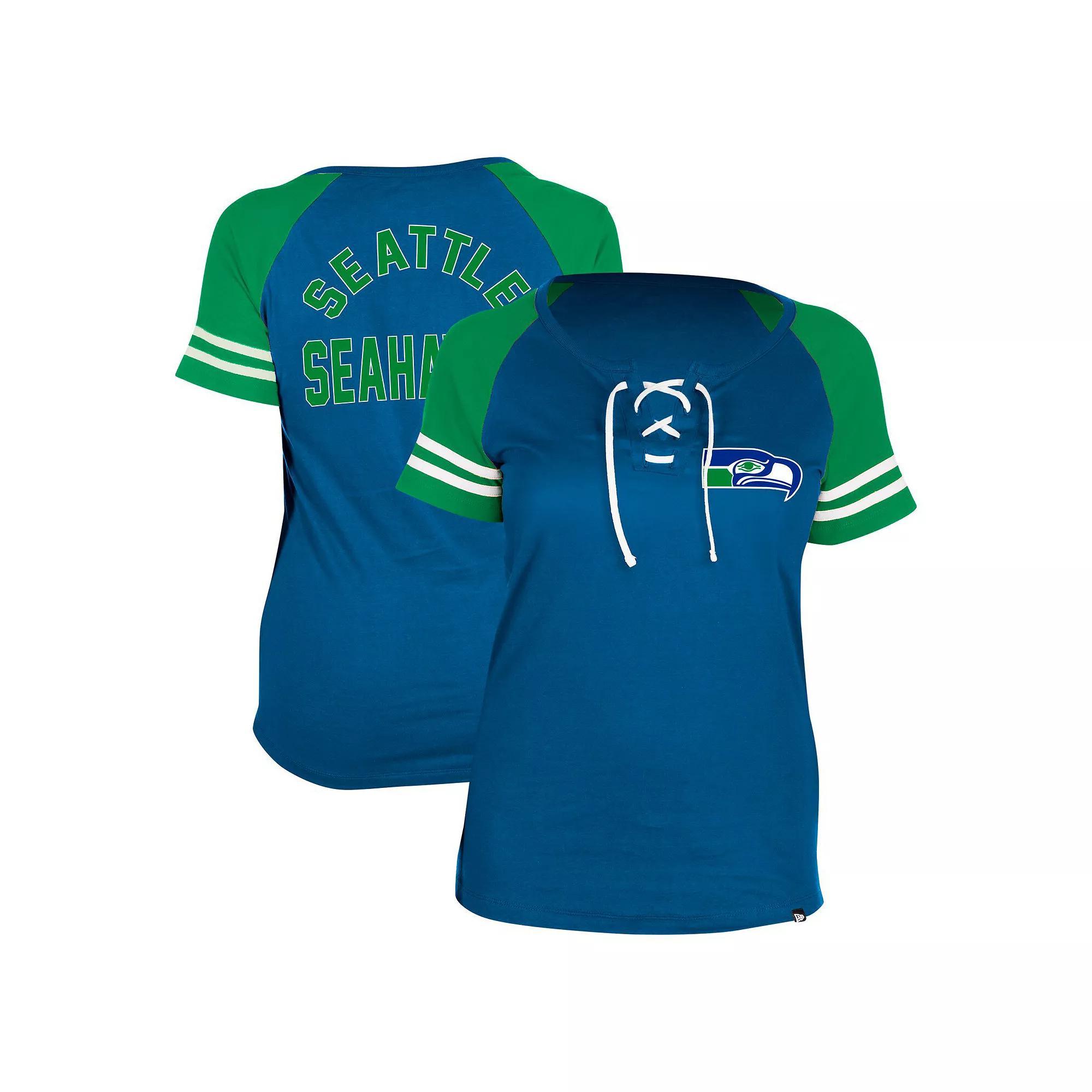 Women's New Era  Royal Seattle Seahawks Throwback Lace-Up Raglan T-Shirt, Size: Small, Blue Product Image