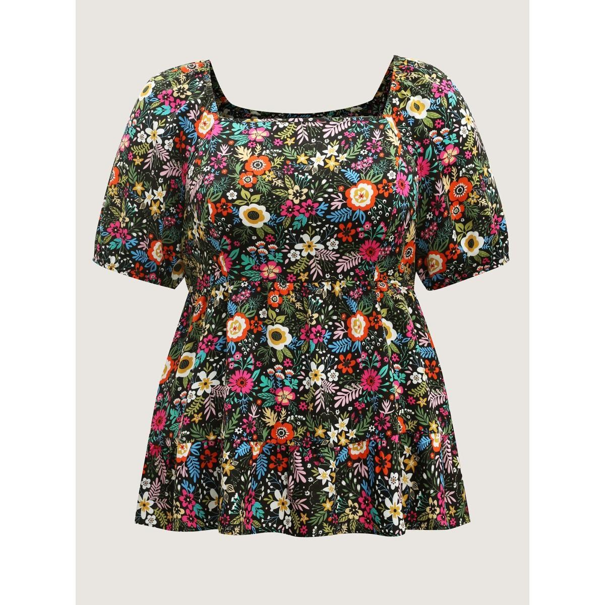 Plus Size Indigo Floral Square Neck Fit and Flare Blouse Women Short sleeve Square Neck Vacation Blouses BloomChic 30/6X Product Image