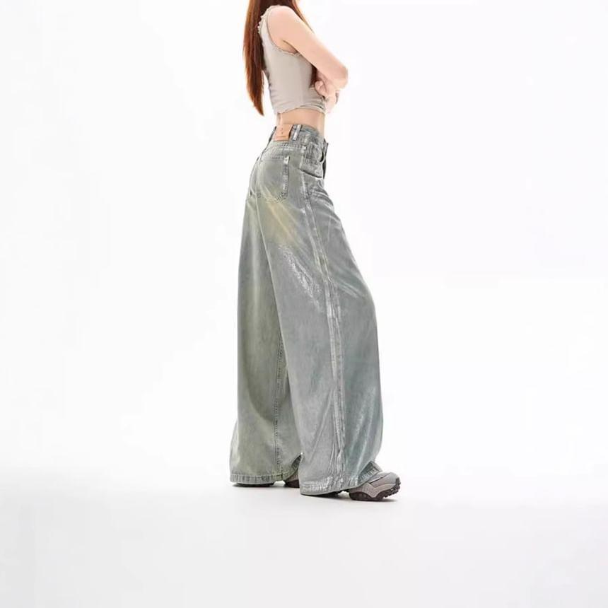 High Rise Washed Silver Pressed Loose-Fit Wide-Leg Jeans Product Image