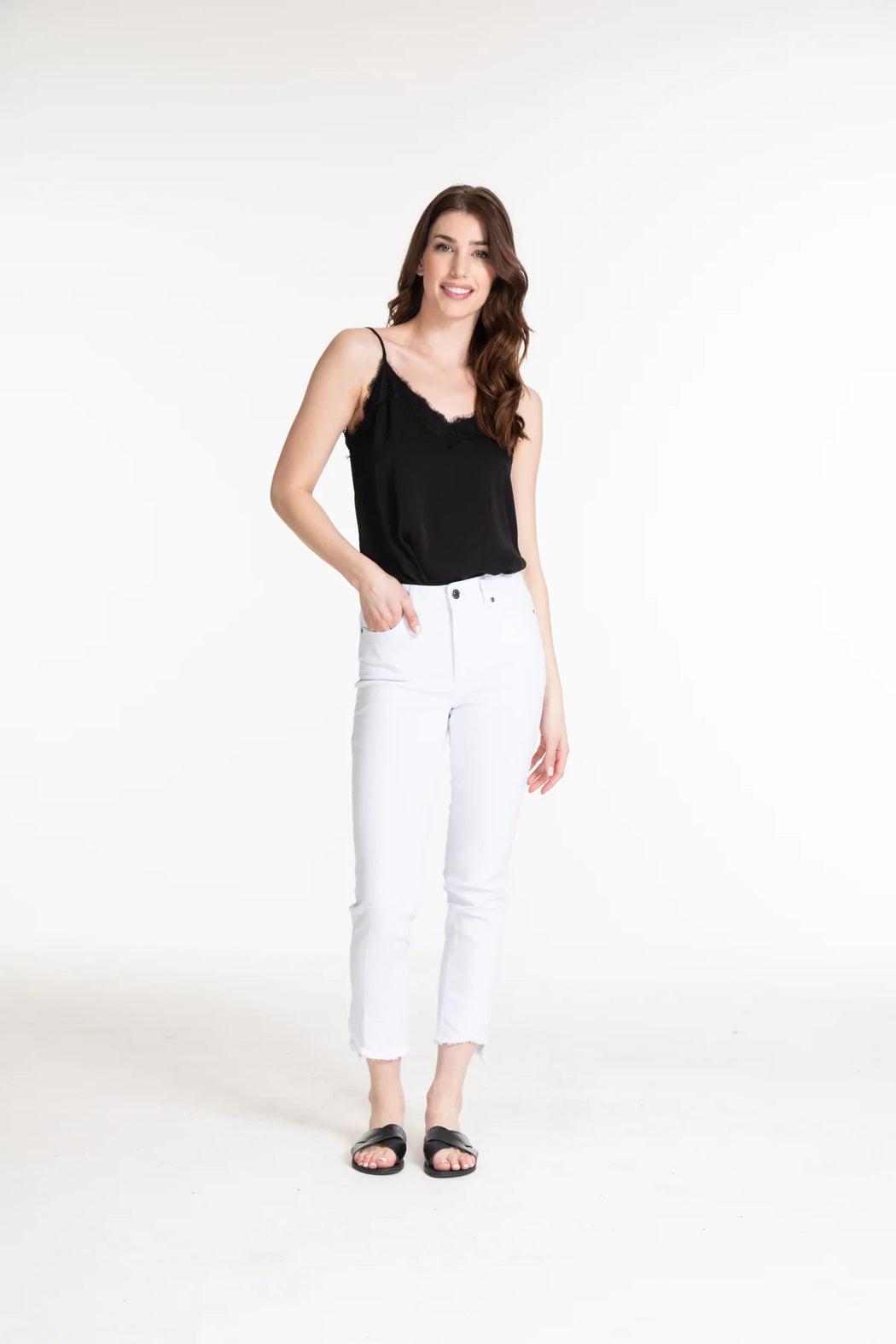 CONTOUR WAIST ASYMMETRICAL FRINGE HEM ANKLE JEAN - medium indigo only Female Product Image