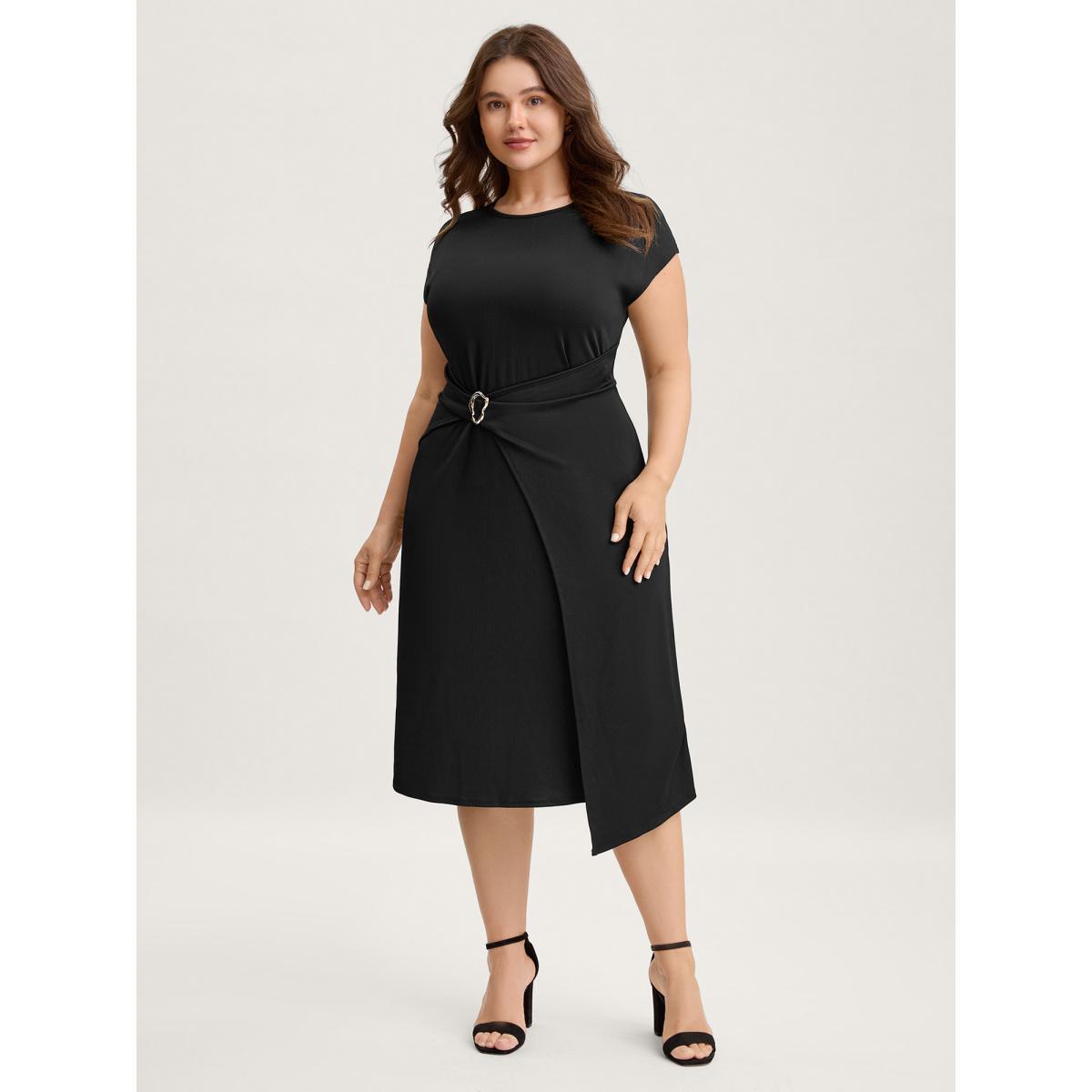 Plus Size Wrap Style Metal Buckle Midi Dress Black Women Round Neck Cap Sleeve Curvy BloomChic 22-24/3X Product Image
