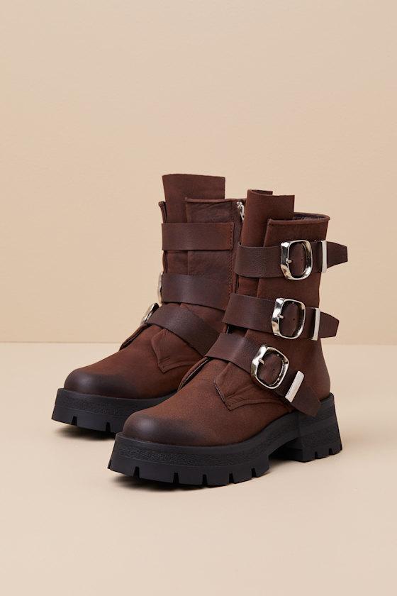 Roland Brown Leather Buckle Moto Ankle Boots Product Image
