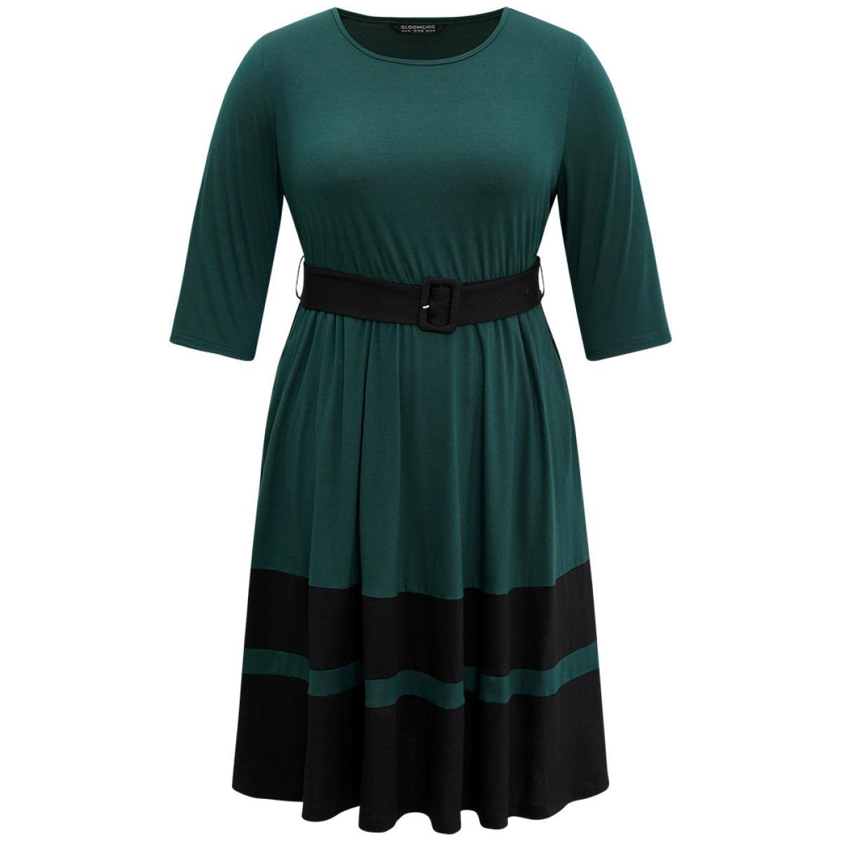 Plus Size Contrast Belted Buckle Detail Elastic Waist Dress DarkGreen Women Casual Belted Round Neck Elbow-length sleeve Curvy Midi Dress BloomChic 12/L Product Image