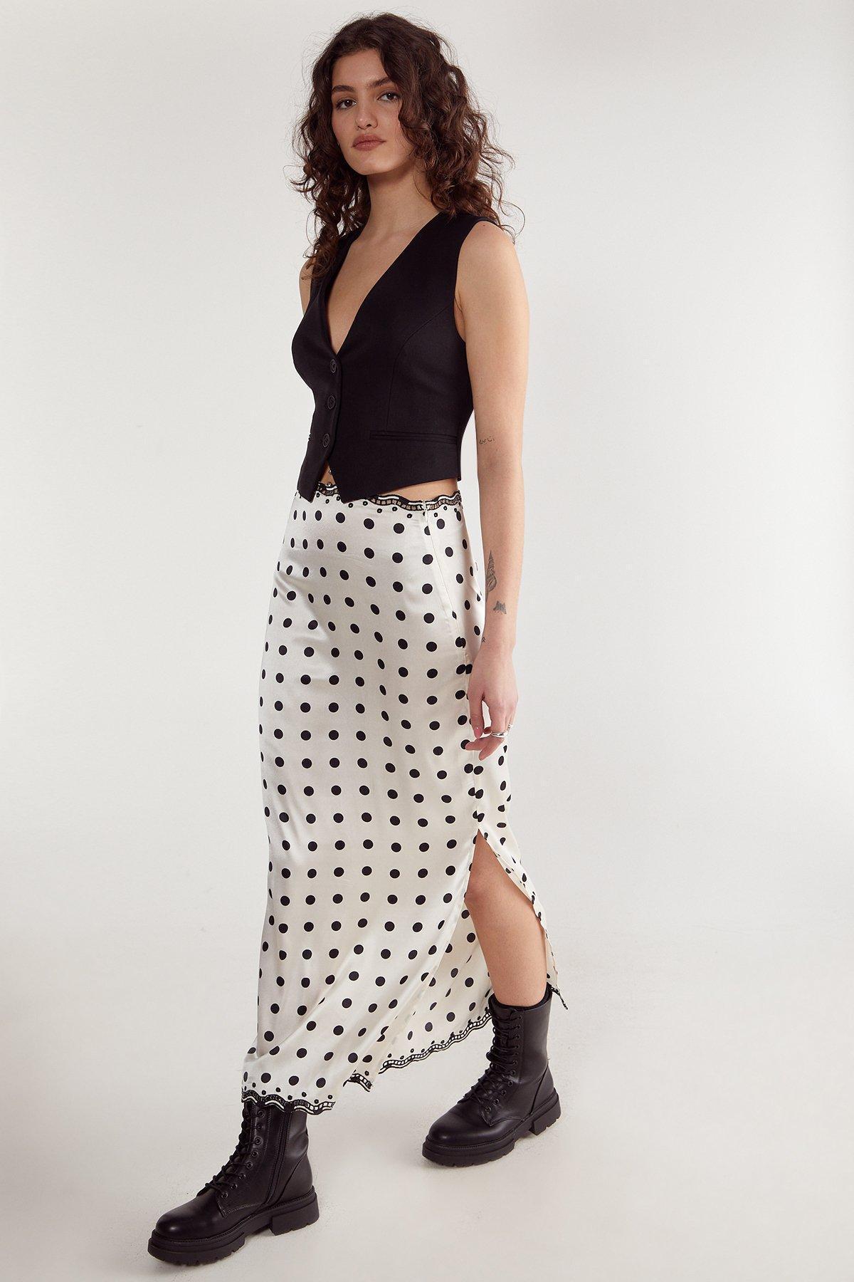 Satin Polka Dot Embroidered Split Maxi Skirt Product Image