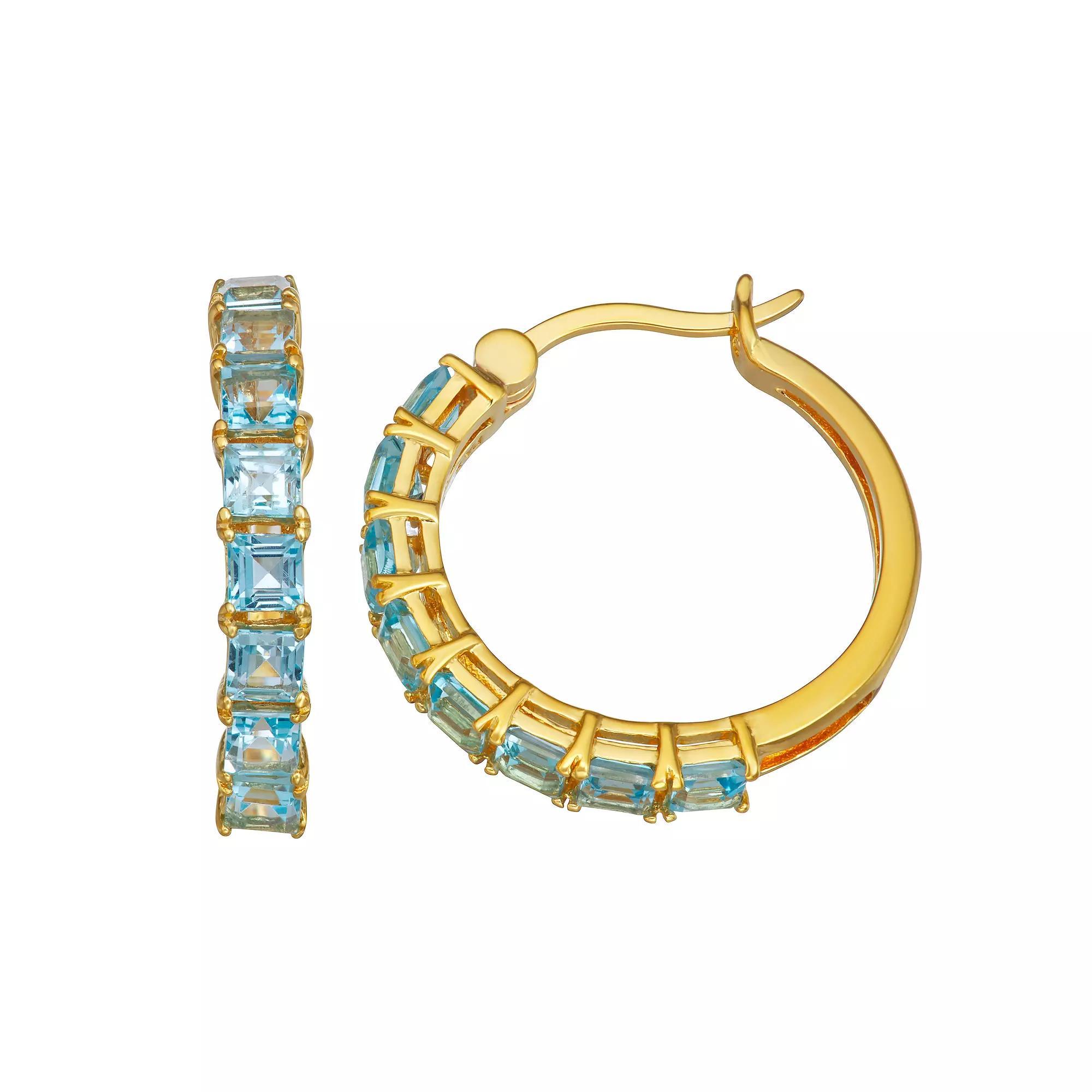 14K Gold Over Silver Blue Topaz Hoop Earrings, Women's, Gold Tone Product Image