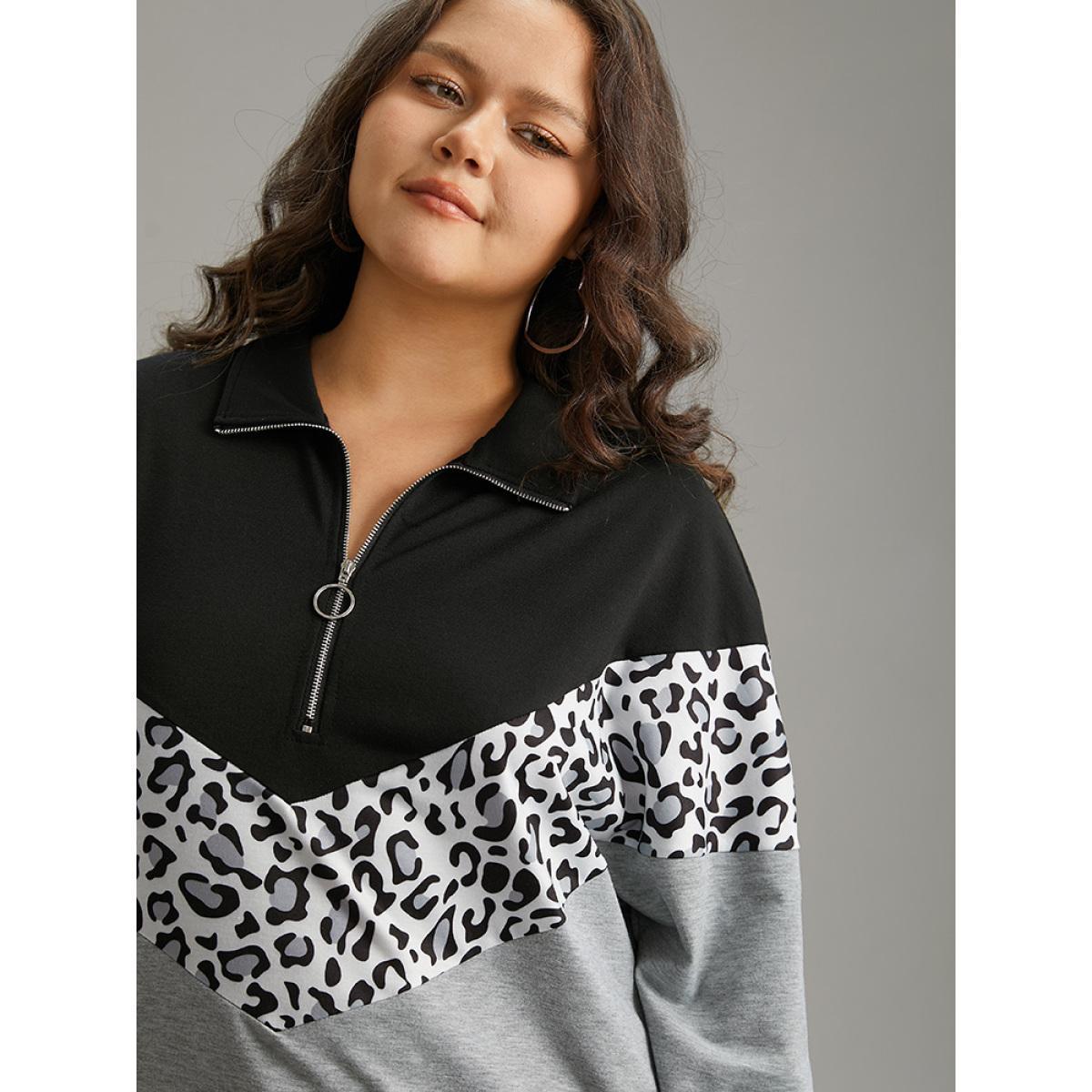 Plus Size Leopard Contrast Patchwork Half Zip Sweatshirt Women Black Casual Elastic cuffs Loose Polo Everyday Sweatshirts BloomChic 26/4X Product Image