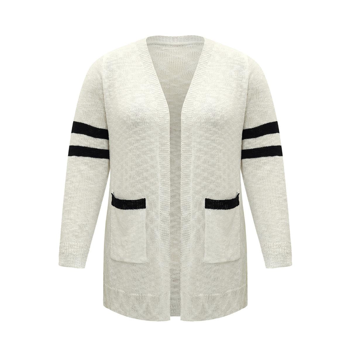 Plus Size Contrast Patched Pocket Open Front Cardigan White Women Casual Loose Long Sleeve Everyday Cardigans BloomChic 18-20/2X Product Image