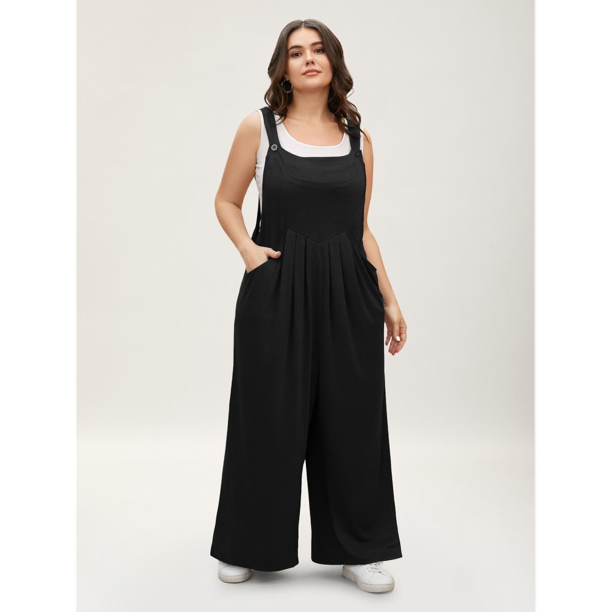Plus Size Black Supersoft Essentials Solid Pleated Pocket Jumpsuit Women Casual Sleeveless Non Everyday Loose Jumpsuits BloomChic 12/L Product Image
