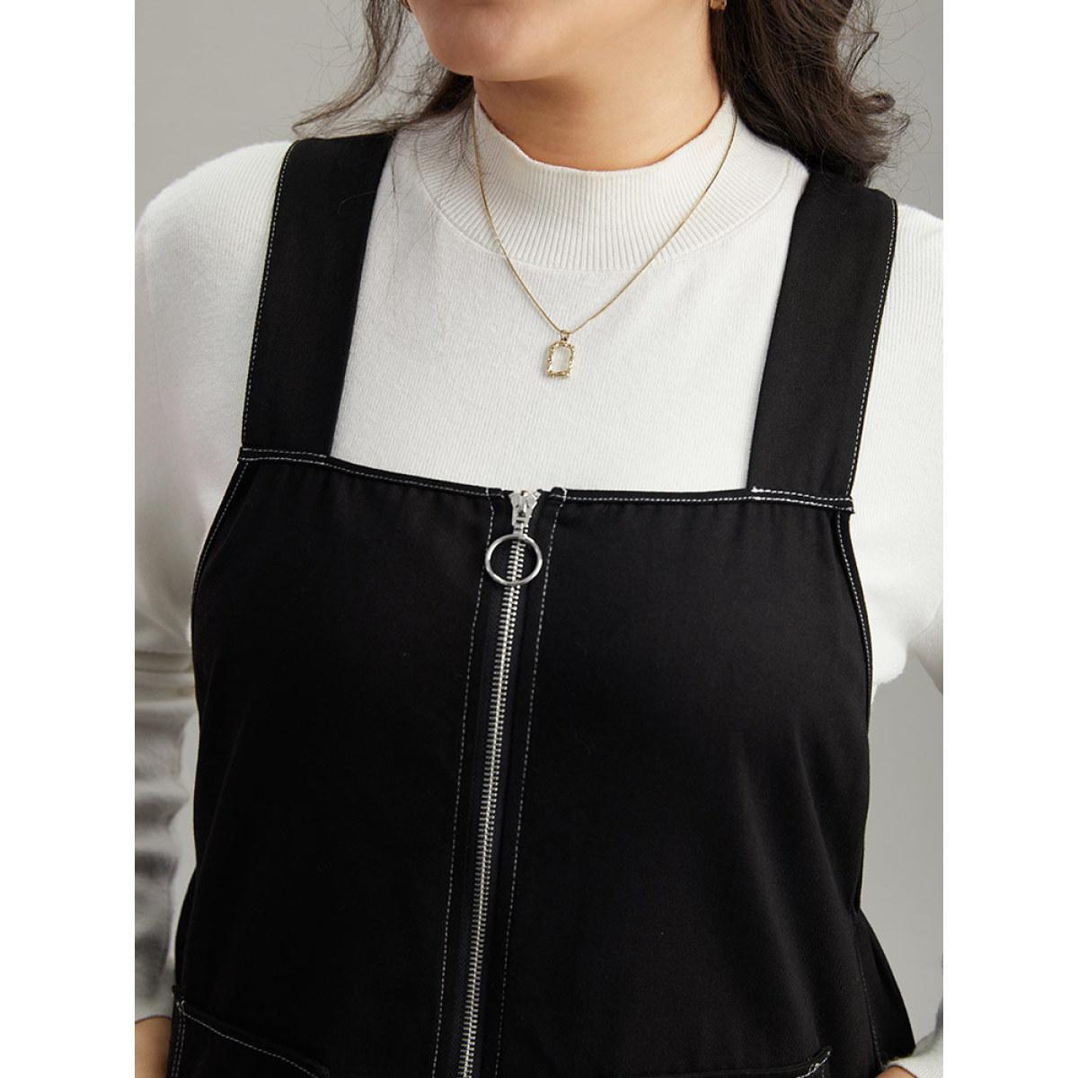 Plus Size Twill O Ring Zipper Pocket Spaghetti Strap Dress Black Women Casual Plain Spaghetti Strap Sleeveless Curvy Midi Dress BloomChic 30/6X Product Image