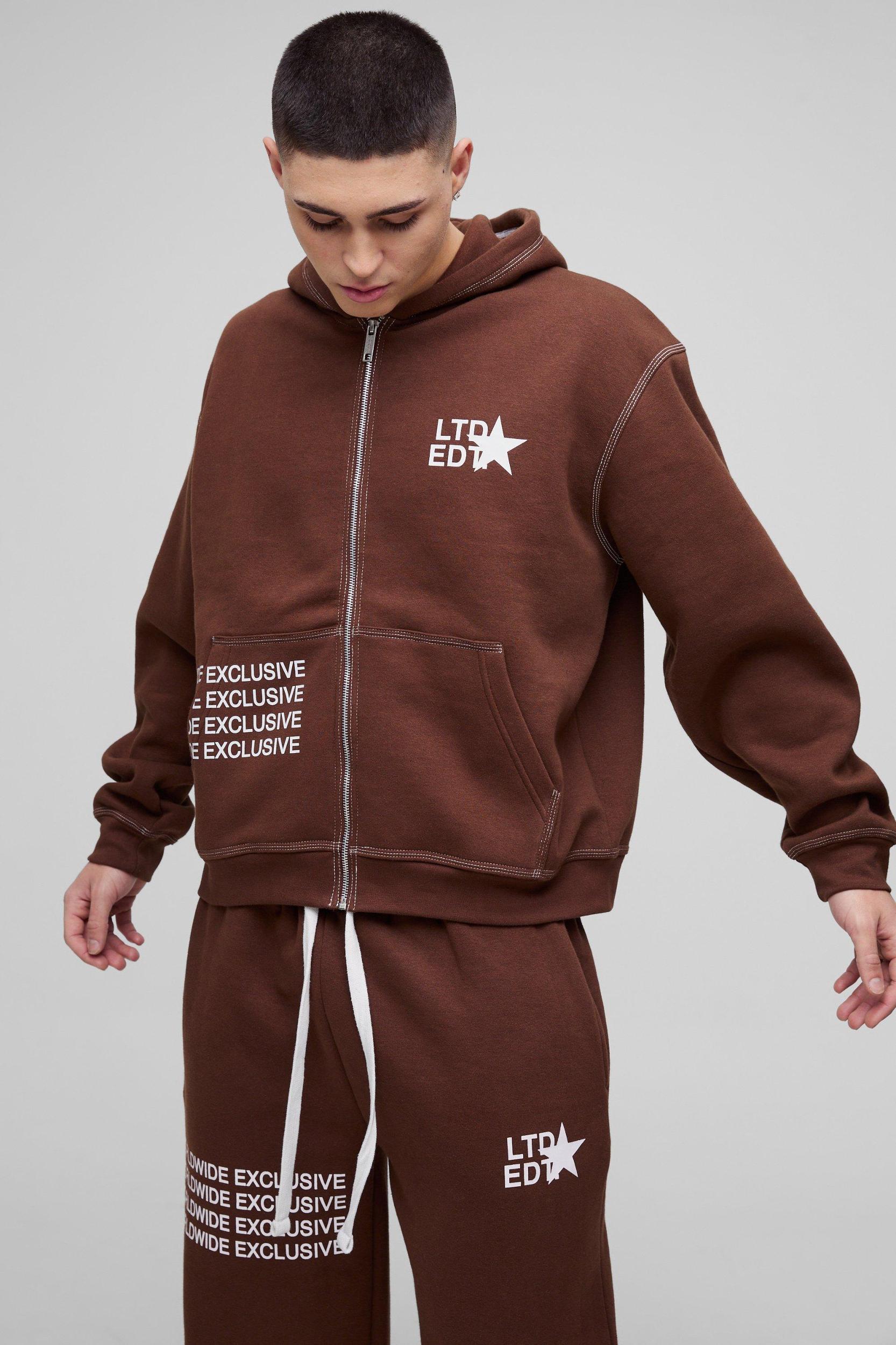 Oversized Boxy Contrast Stitch Printed Zip Through Hooded Tracksuit | boohooMAN USA Product Image