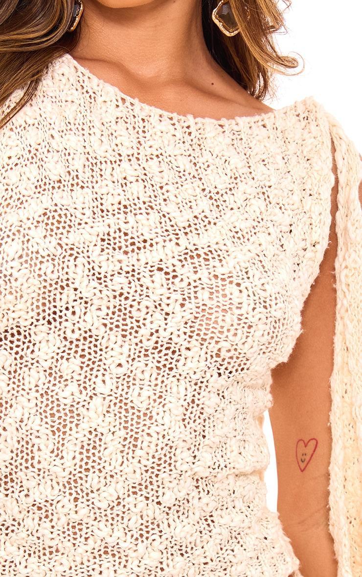 Oatmeal Textured Crochet Knit Tie Neck Top Product Image