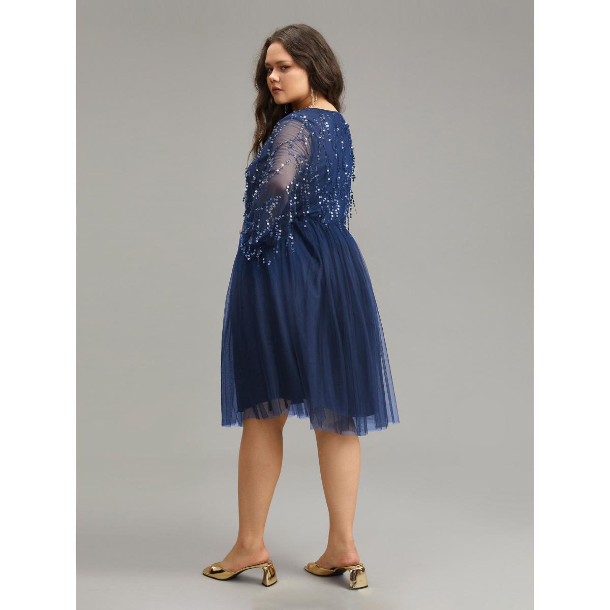 Plus Size Sequin Mesh Patchwork Tassel Dress DarkBlue Women Cocktail Gathered Overlap Collar Long Sleeve Curvy Knee Dress BloomChic 18-20/2X Product Image