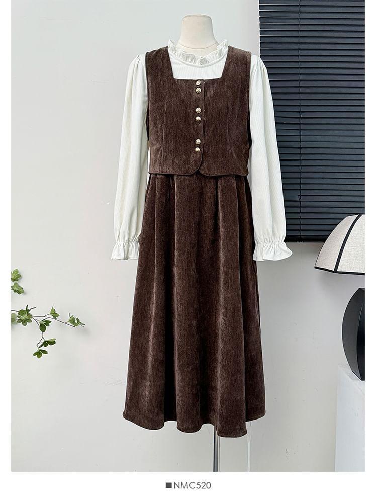 Mock Two-Piece A-Line Dress / Ruffled Loose Blouse Product Image