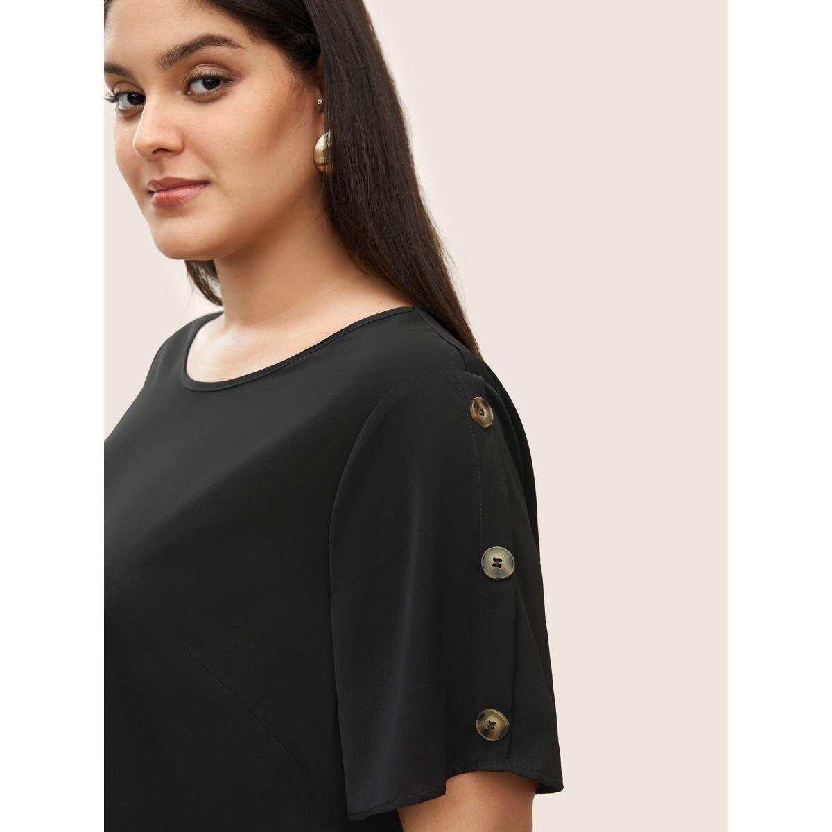 Plus Size Black Plain Round Neck Button Detail Blouse Women Casual Short sleeve Round Neck Everyday Blouses BloomChic 22-24/3X Product Image