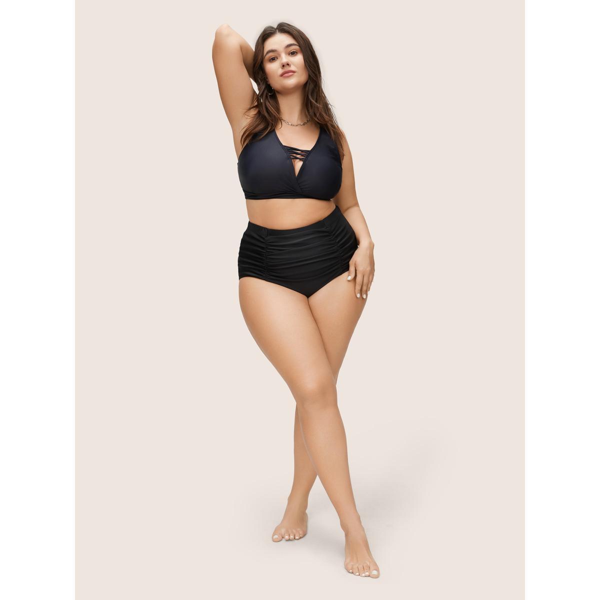 Plus Size Solid Ruched Elastic Waist High Rise Swim Bottom Women's Swimwear Black Beach Non High stretch Skinny High Rise Curve Swim Bottoms BloomChic 14-16/1X Product Image