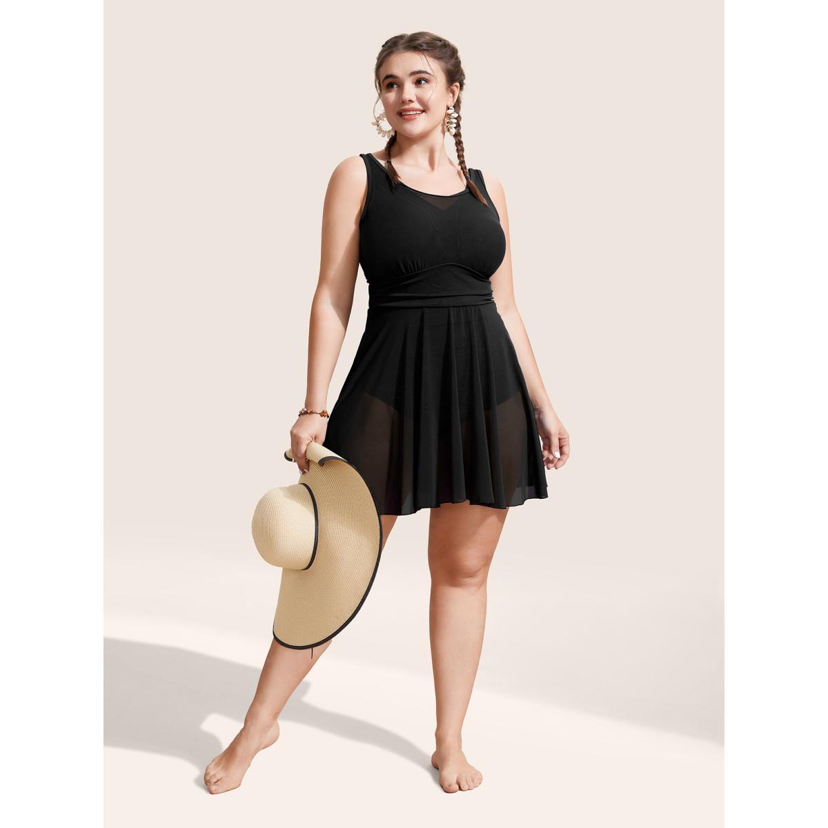 Plus Size See Through Patchwork Gathered Swim Dress Women's Swimwear Black Beach Bodycon Round Neck High stretch Curve Swim Dresses BloomChic 30/6X Product Image