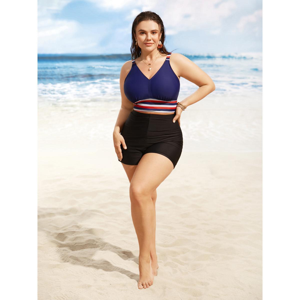 Plus Size Contrast Striped V Neck Gathered Swim Top Women's Swimwear Indigo Beach Gathered High stretch Skinny V-neck Curve Swim Tops BloomChic 30/6X Product Image