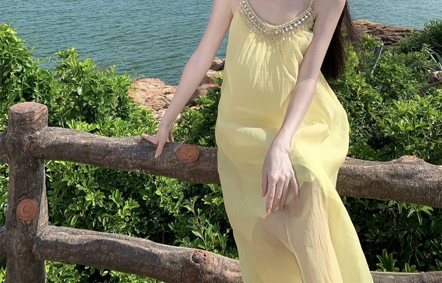 Spaghetti Strap V-Neck Beaded Maxi A-Line Dress Product Image