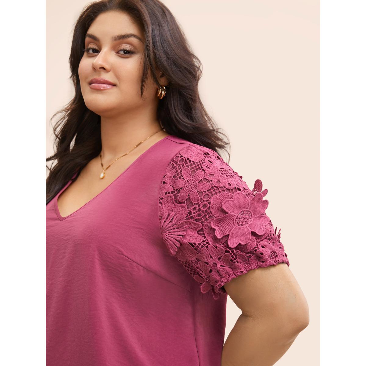 Plus Size RedViolet V Neck Lace Panel Slit Hem Blouse Women Elegant Long Sleeve V-neck Everyday Blouses BloomChic 26/4X Product Image