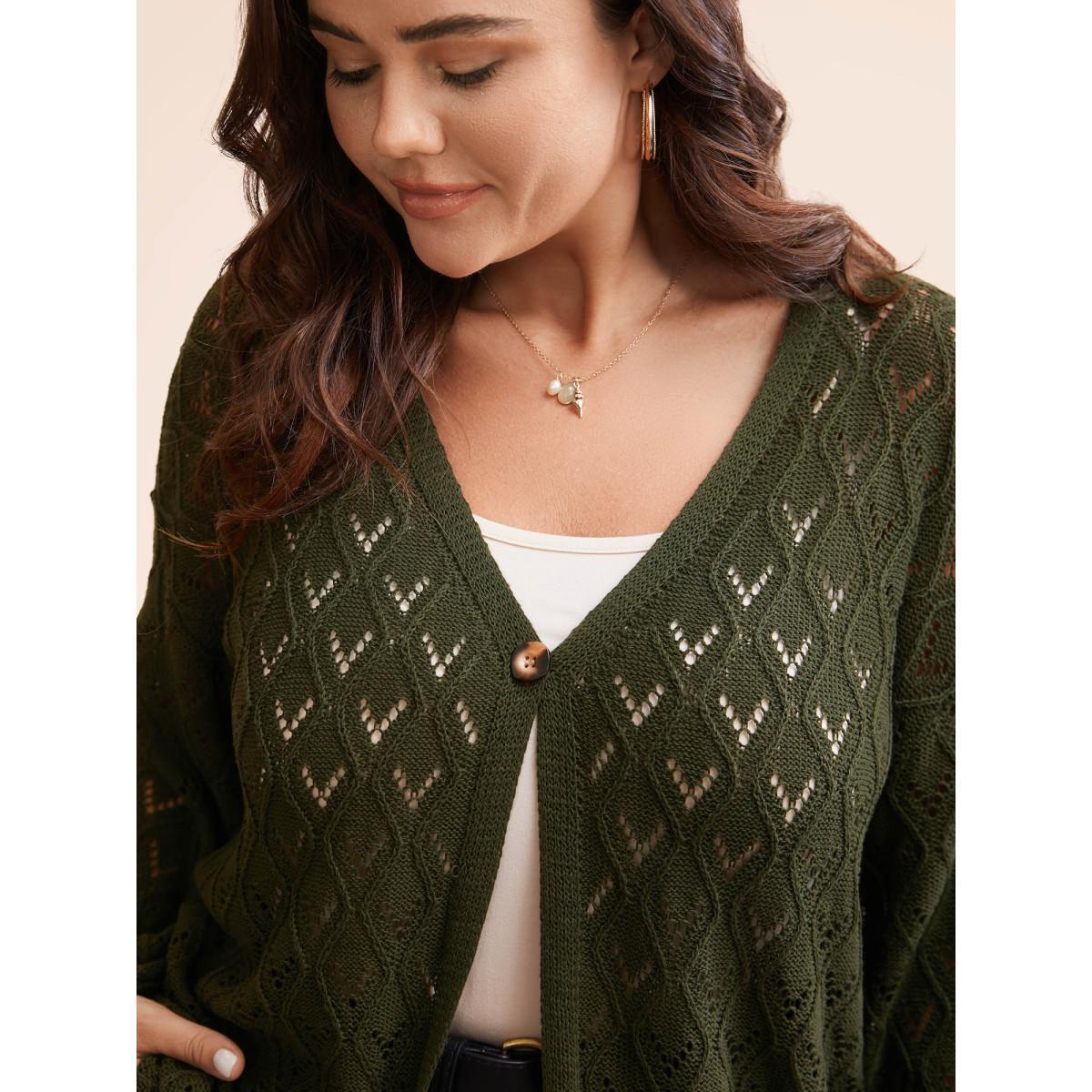 Plus Size Texture Button Up Hollow Out Cardigan ArmyGreen Women Casual Loose Three Quater Length Sleeve Everyday Cardigans BloomChic 26/4X Product Image