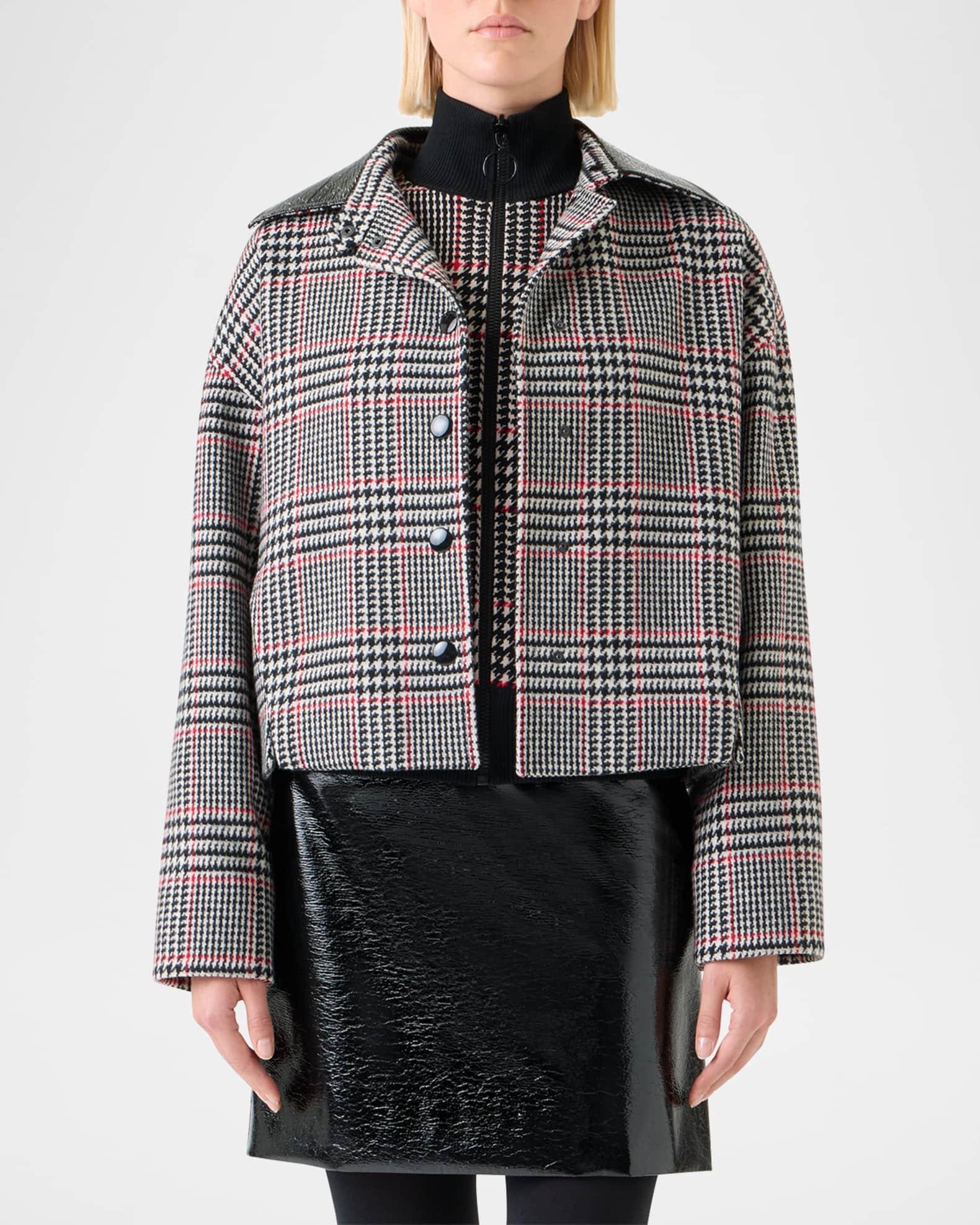 Faux Leather-Collar Glen Check Tweed Jacket Product Image