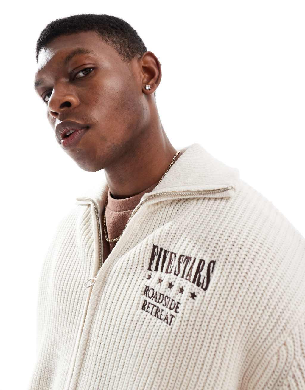 Bershka knitted zip through sweater in ecru  Product Image