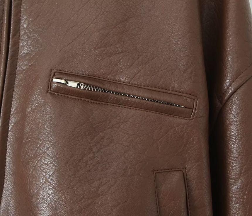 Plain Faux Leather Crop Zip Bomber Jacket Product Image