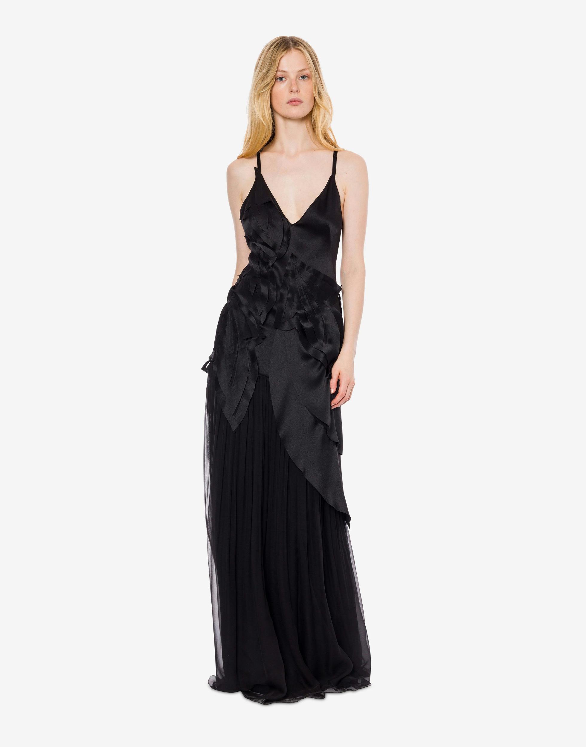 Satin and chiffon dress with laser-printed leaves Product Image