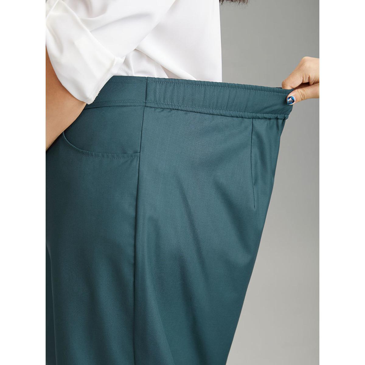 Plus Size Elastic Waist Solid Pocket Straight Leg Pants Women Cyan Office Straight Leg High Rise Dailywear Pants BloomChic 18-20/2X Product Image