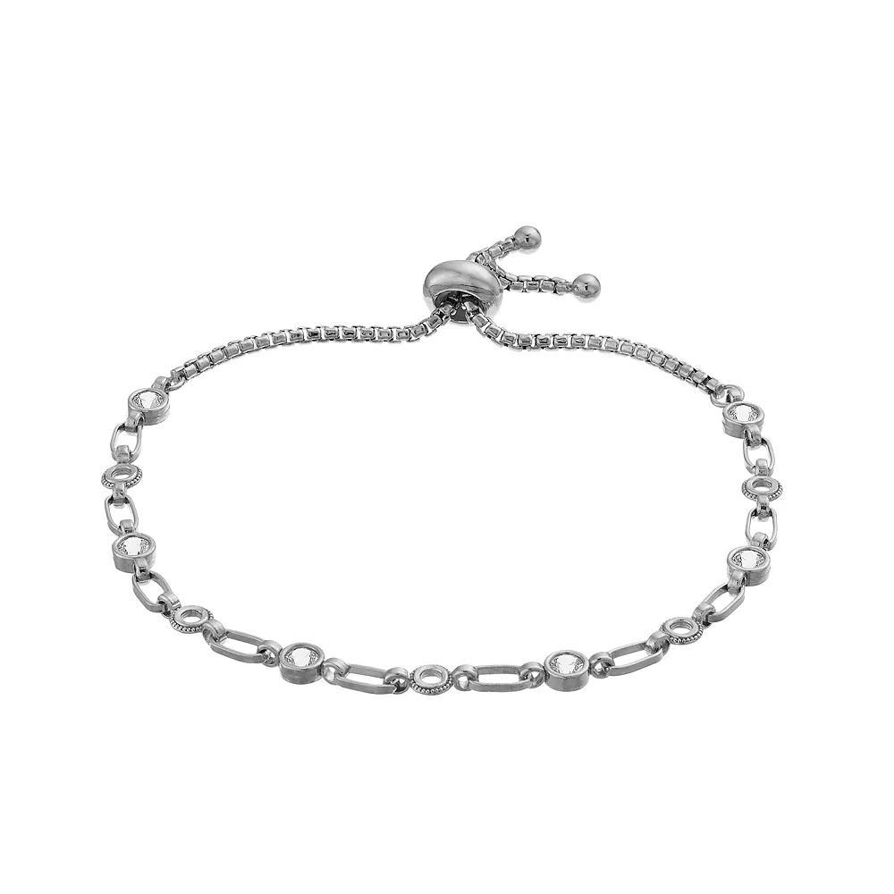 Kristen Kesho Sterling Silver Lab-Created White Sapphire & Circle Link Adjustable Bolo Bracelet, Women's, Size: 9.50, Pink Tone Product Image