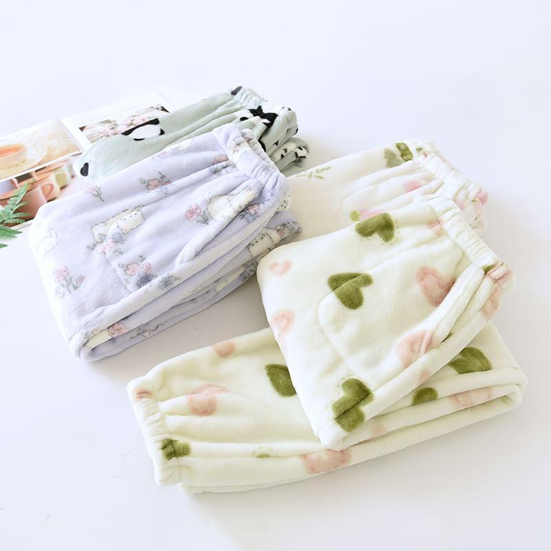 Elastic Waist Patterned Print Coral Fleece Straight Leg Pajama Pants Product Image