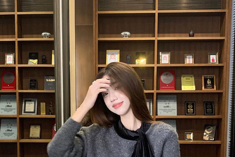 Tie Neck Panel Velvet Sweater Product Image