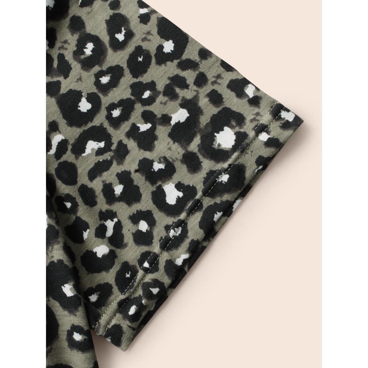 Plus Size Round Neck Leopard Print Midi Dress Sage Women Casual Non Round Neck Short sleeve Curvy BloomChic 28/5X Product Image
