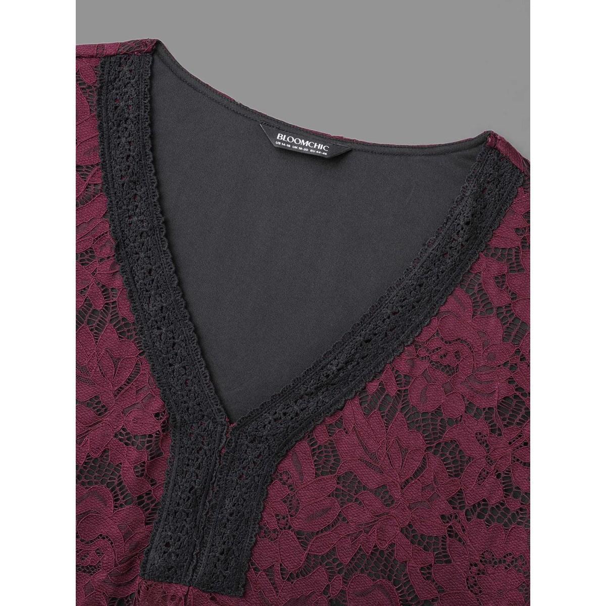 Plus Size Scarlet Sheer Lace Sleeve Pleated Slim-Fit Blouse Women Elegant Long Sleeve V-neck Everyday Blouses BloomChic 18-20/2X Product Image
