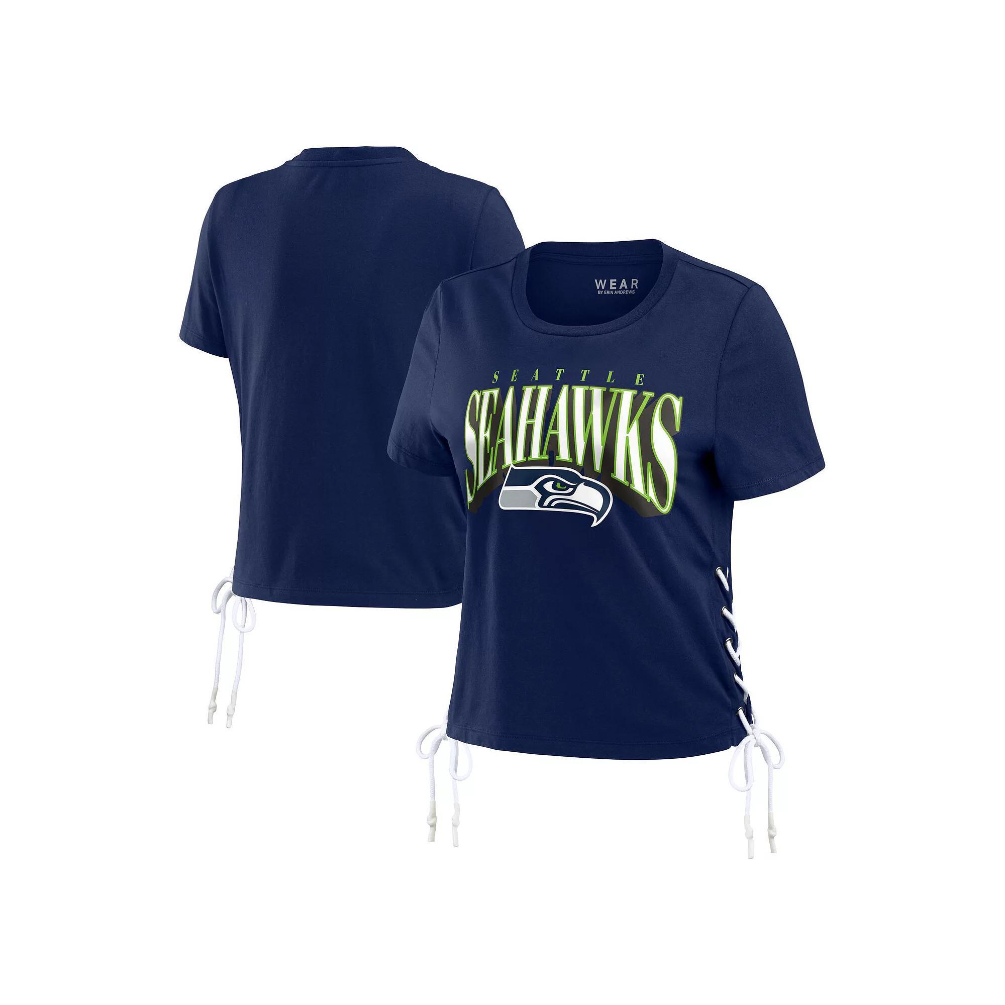 Women's WEAR by Erin Andrews College Navy Seattle Seahawks Lace Up Side Modest Cropped T-Shirt, Size: Large, Blue Product Image