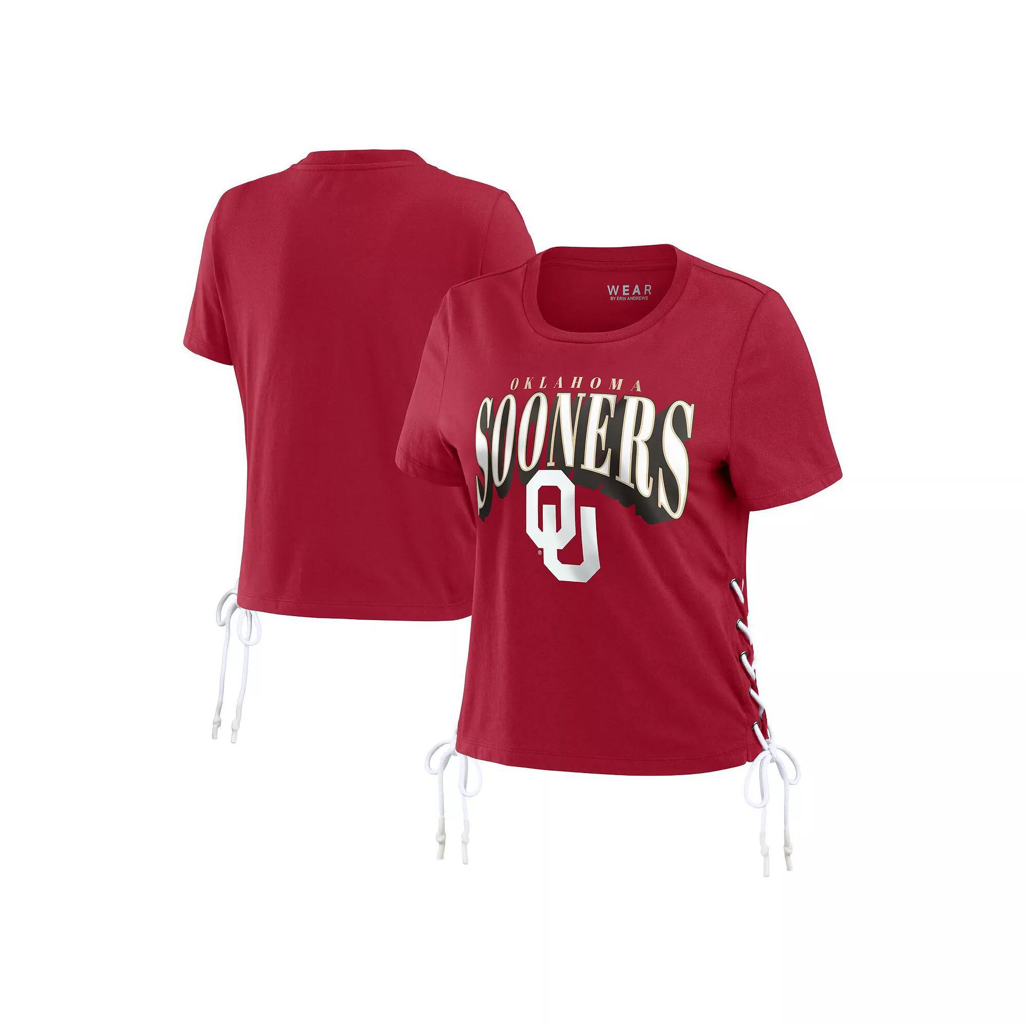 Women's WEAR by Erin Andrews Crimson Oklahoma Sooners Side Lace-Up Modest Crop T-Shirt, Size: Large, Red Product Image