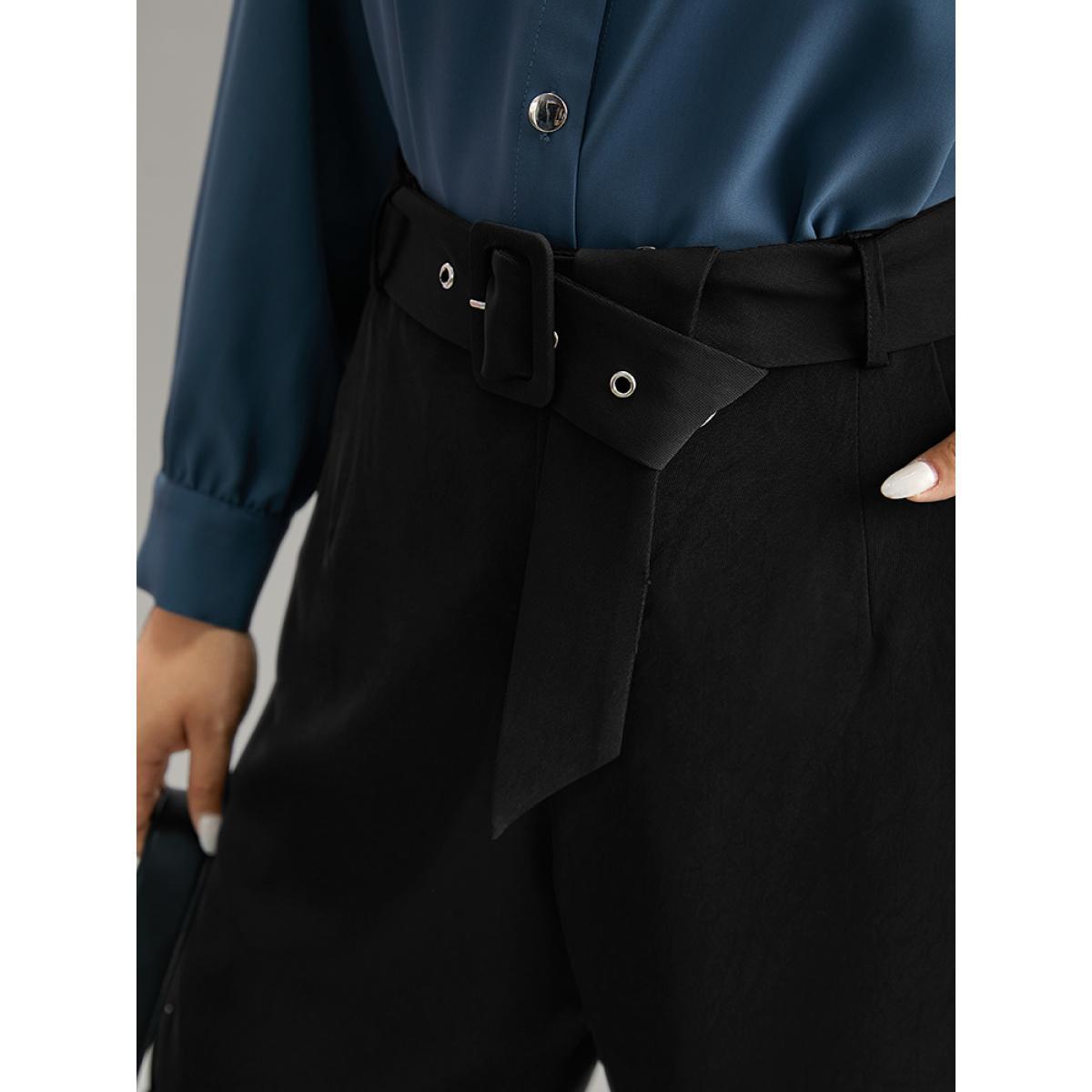 Plus Size Static-Free Buckle Detail Eyelet Pants Women Black Office High Rise Work Pants BloomChic 22-24/3X Product Image