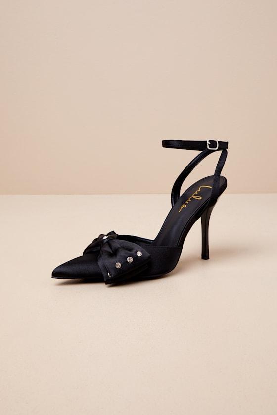 Ellandra Black Satin Rhinestone Bow Ankle Strap Pumps Product Image