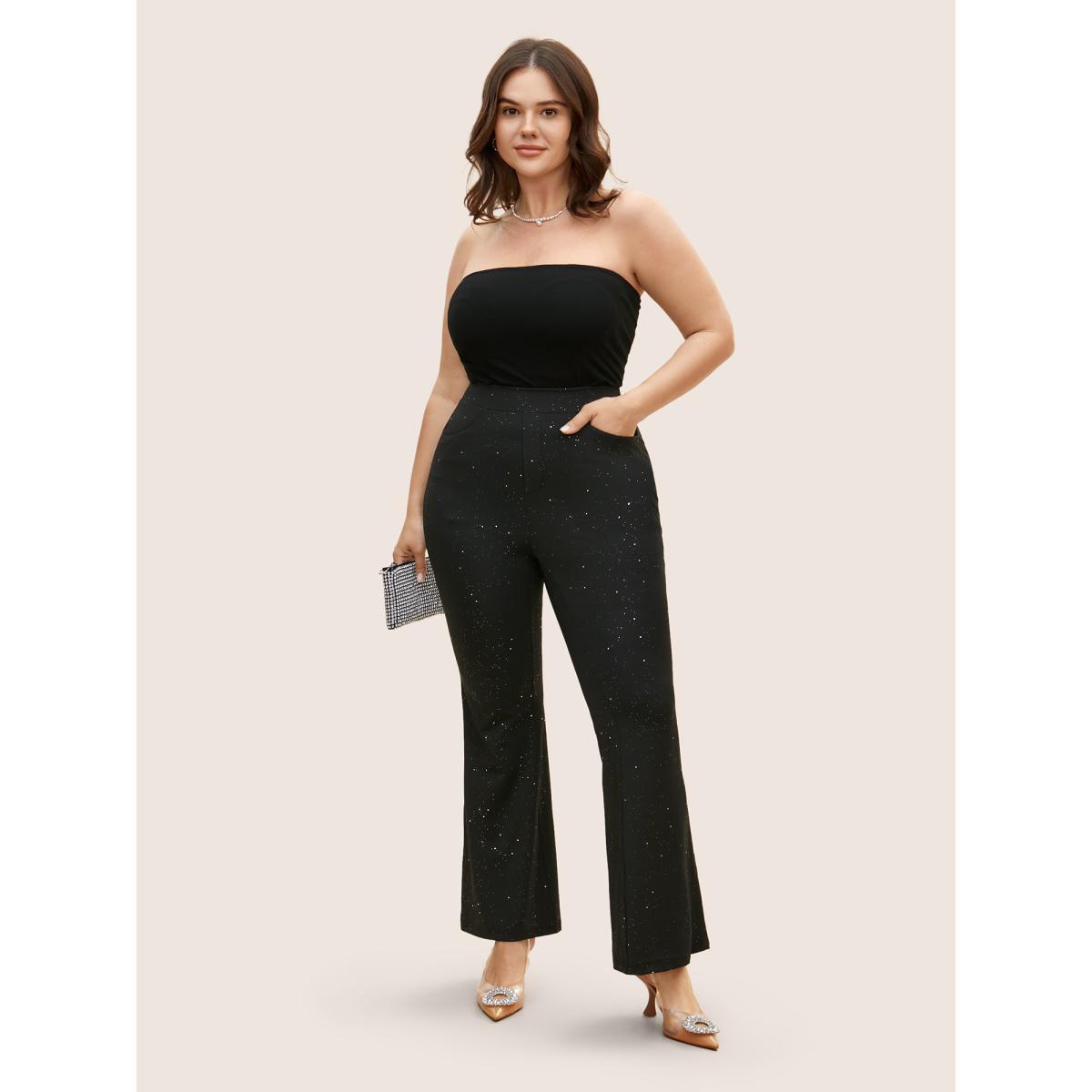 Plus Size Rhinestone Detail Bootcut Mid Rise Pants Women Black Cocktail Bootcut Mid Rise Party Pants BloomChic 26/4X Product Image