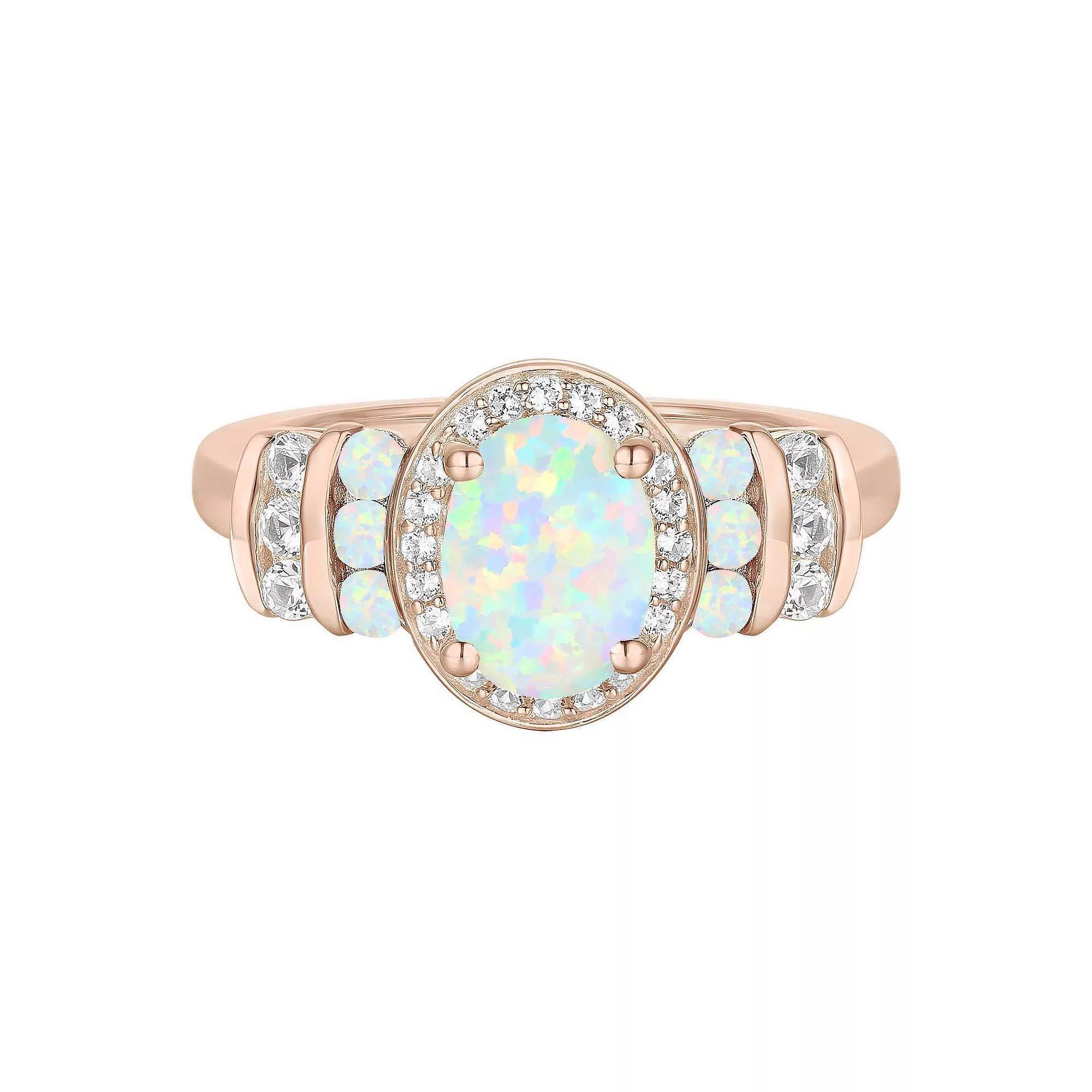 14k Rose Gold Over Silver Lab-Created Opal & Lab-Created White Sapphire Oval Halo Ring, Women's, Size: 7 Product Image