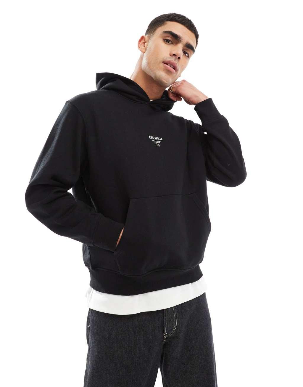 Jack & Jones super oversized 400gsm heavyweight hoodie with studio back print in black Product Image