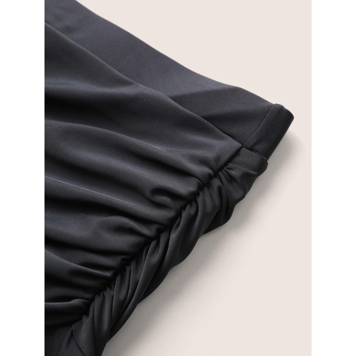 Plus Size Plain Ruched Elastic Waist Ruffle Hem Swim Bottom Women's Swimwear Black Beach Non High stretch Bodycon High Rise Curve Swim Bottoms BloomChic 12/L Product Image