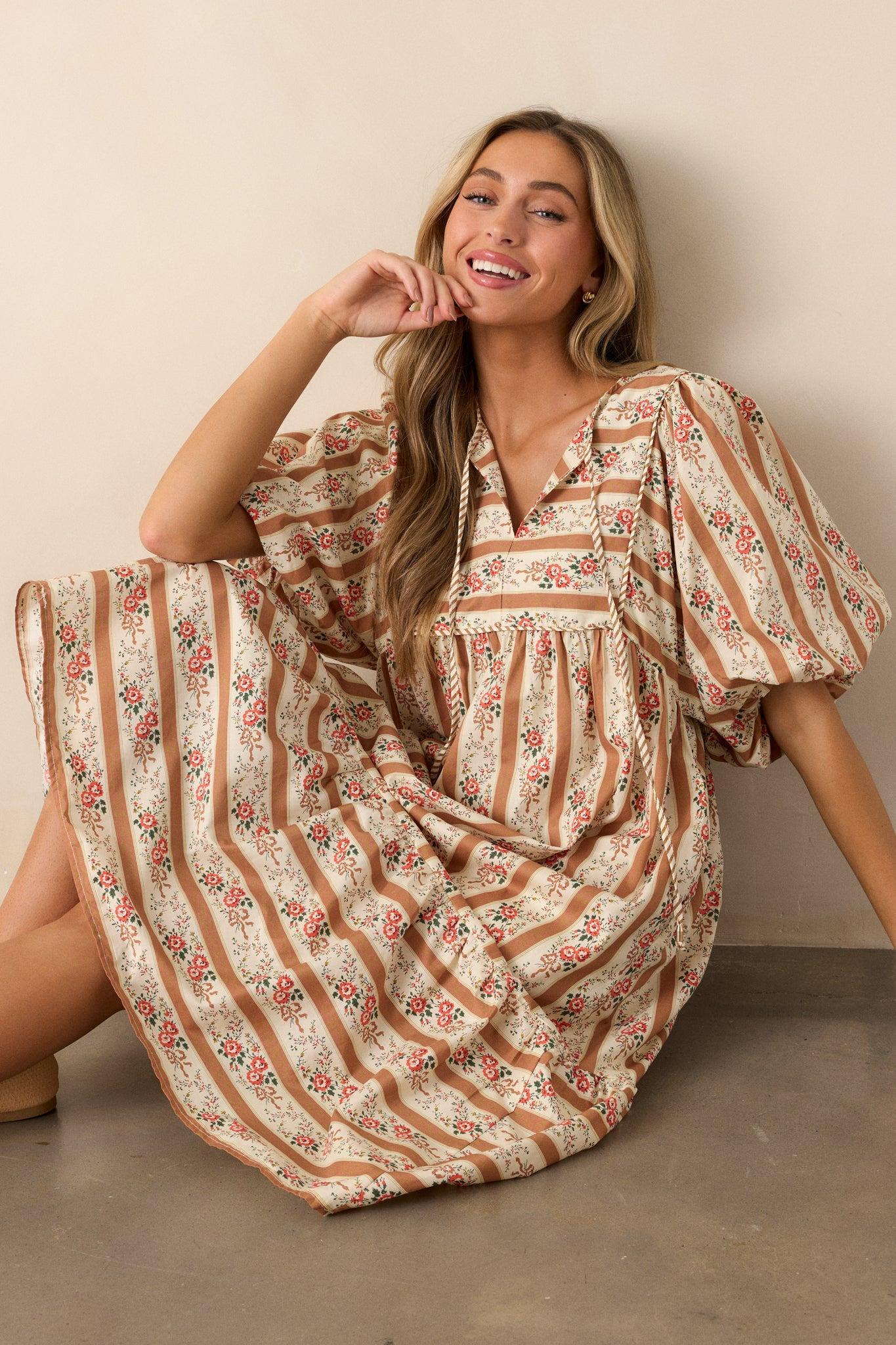 Cool Traces 100% Cotton Camel Puff Sleeve Midi Dress Product Image