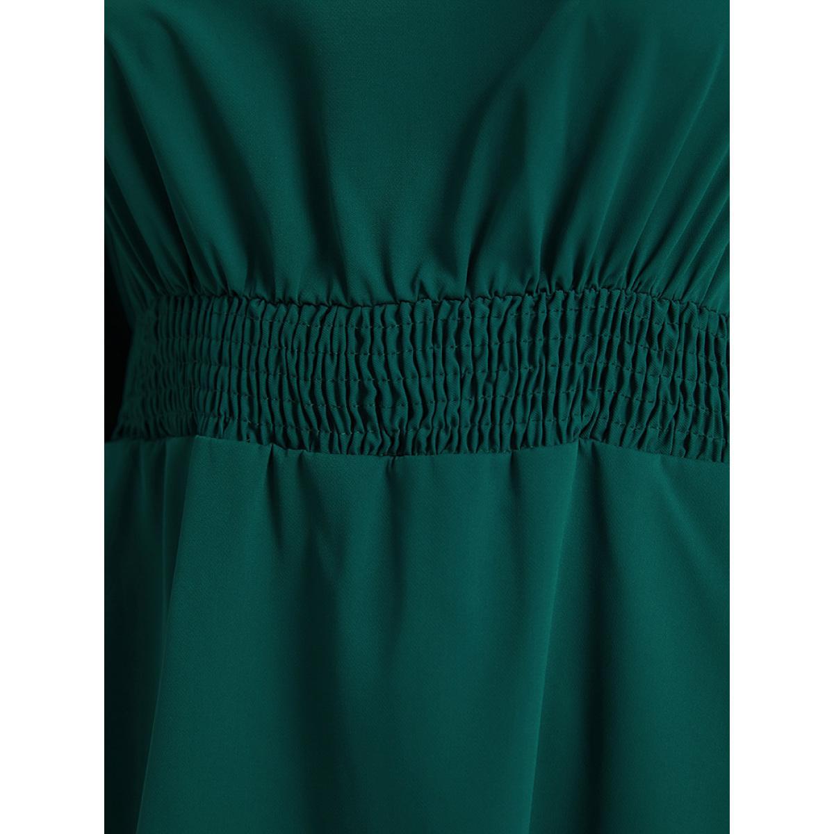 Plus Size Twill Flutter Shirred Asymmetrical Layered Hem Dress Teal Women At the Office Elastic cuffs Round Neck Elbow-length sleeve Curvy Midi Dress BloomChic 26/4X Product Image