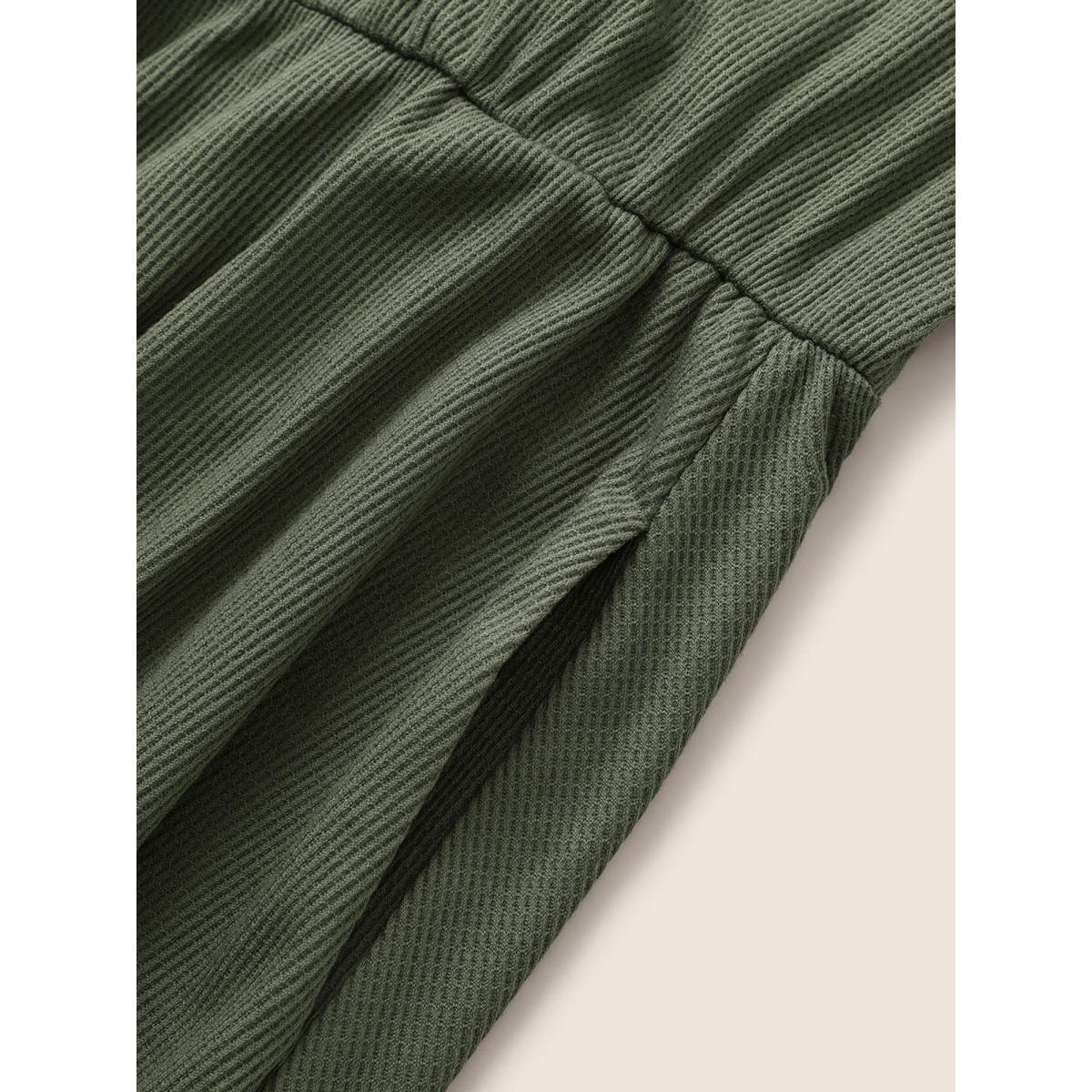 Plus Size Solid Waffle Knit Button Detail Belted Dress Sage Women Casual Belted V-neck Long Sleeve Curvy Midi Dress BloomChic 18-20/2X Product Image