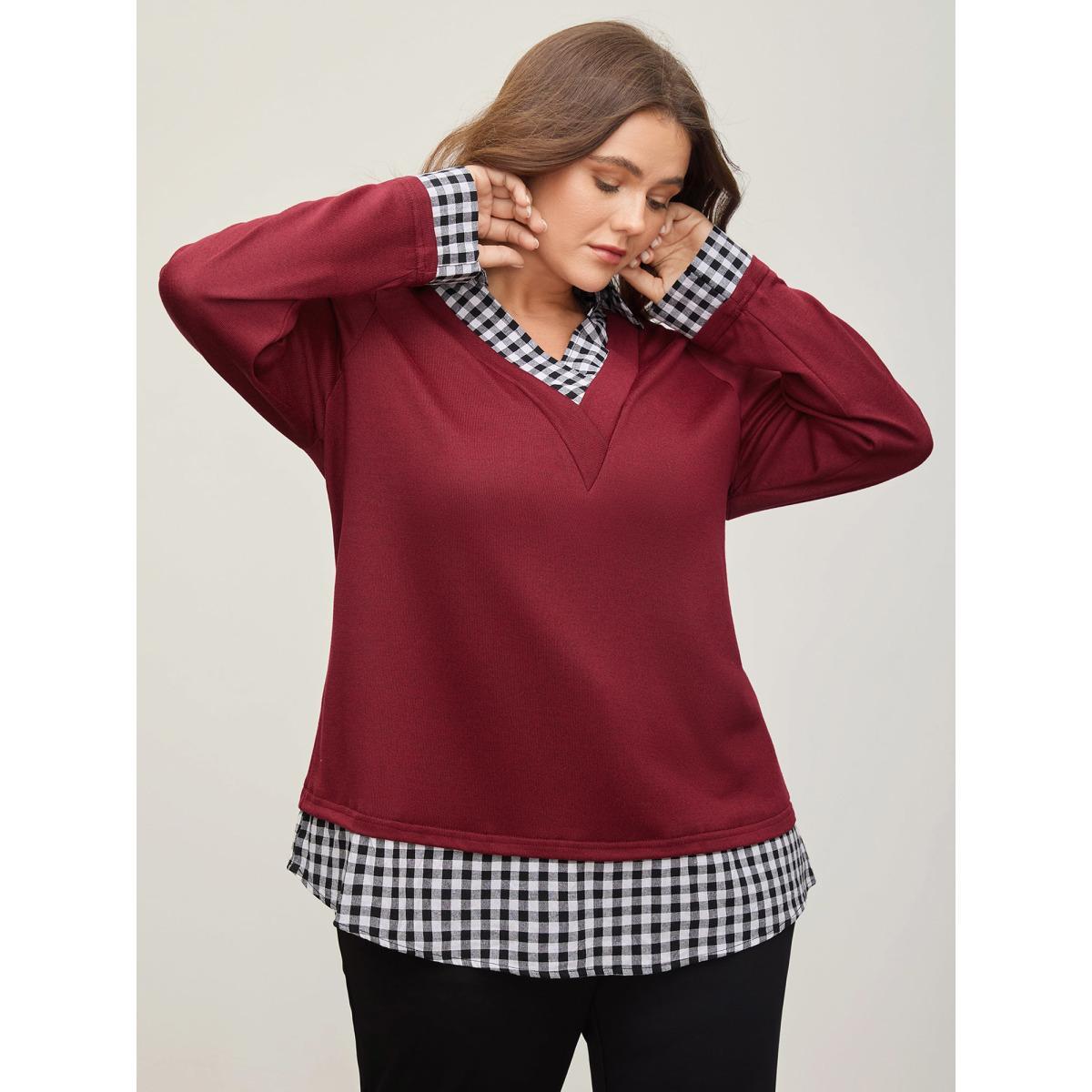 Plus Size Gingham Patchwork Shirt Collar Arc Hem Sweatshirt Women Scarlet Casual Patchwork V-neck Everyday Sweatshirts BloomChic 22-24/3X Product Image