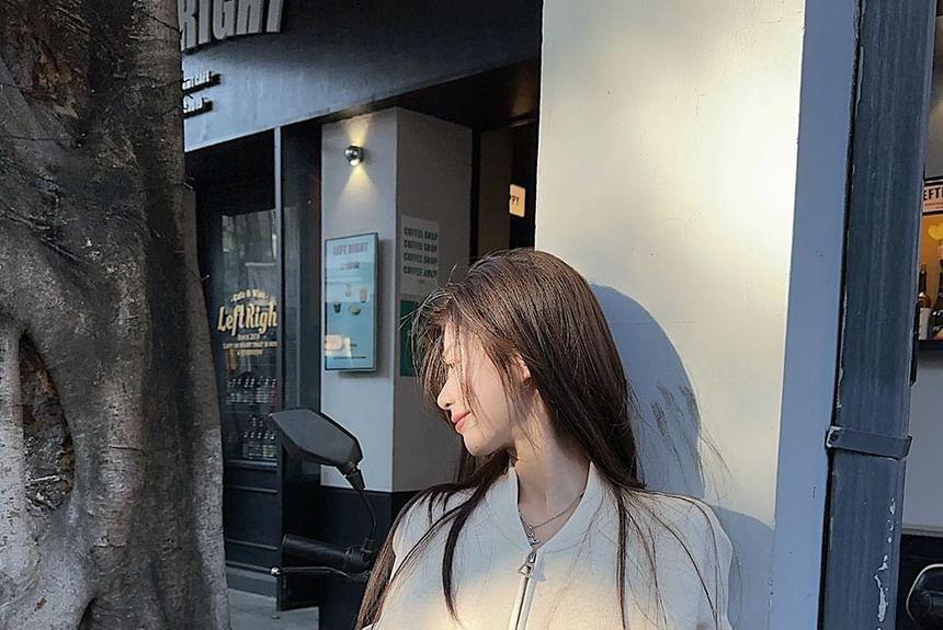 Raglan-Sleeve Plain Zip Bomber Jacket / Mid Waist Loose Fit Pants Product Image
