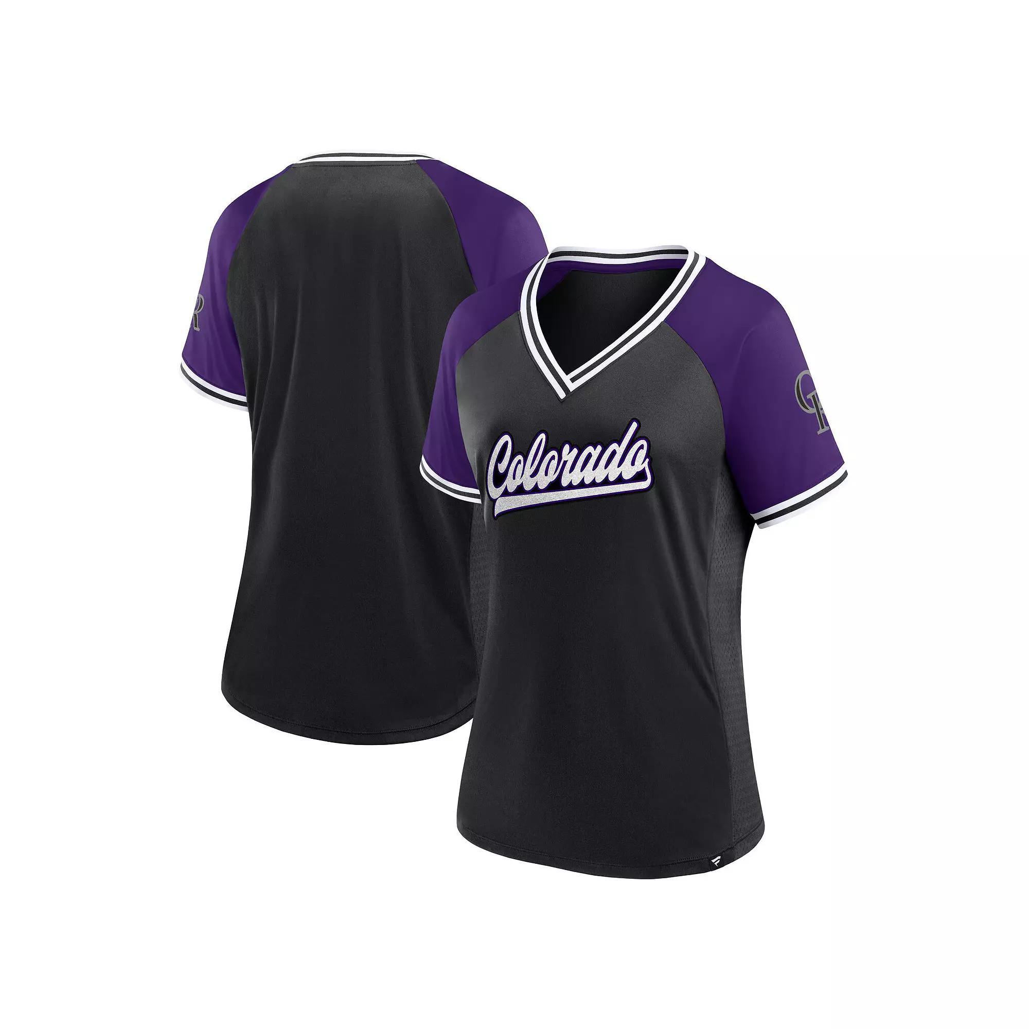 Women's Fanatics Black Colorado Rockies Glitz & Glam League Diva Raglan V-Neck T-Shirt, Size: Medium Product Image