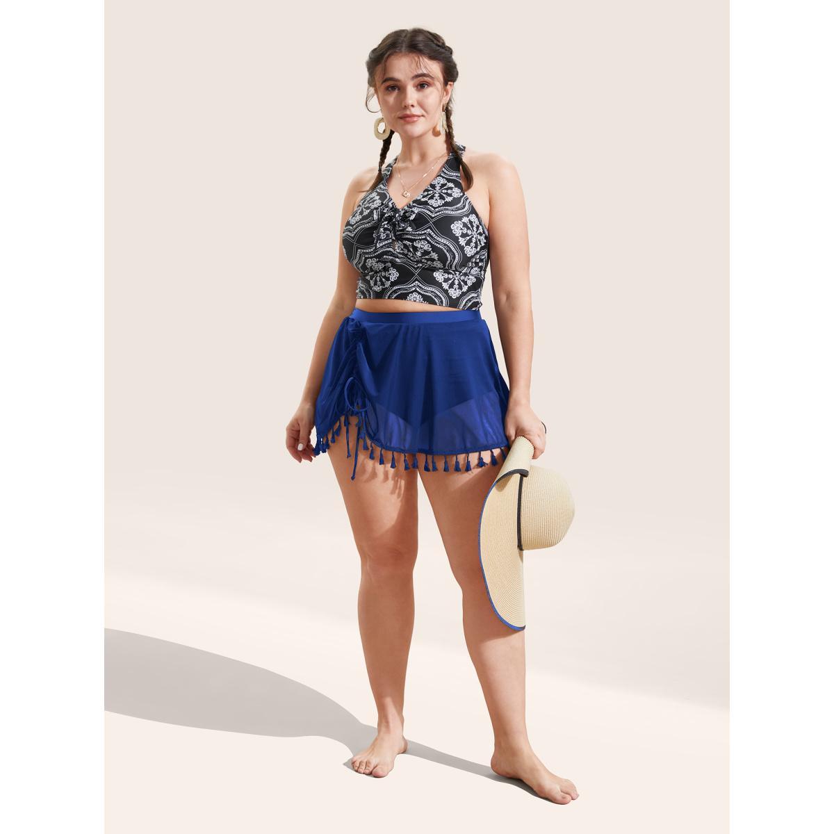 Plus Size Plain Tassel Trim Elastic Waist Swim Bottom Women's Swimwear Navy Beach Gathered High stretch Bodycon High Rise Curve Swim Bottoms BloomChic 26/4X Product Image