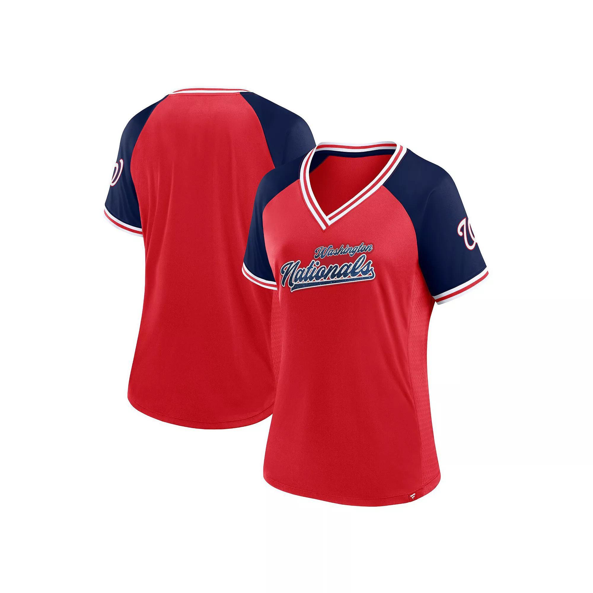 Women's Fanatics Branded Red Washington Nationals Glitz & Glam League Diva Raglan V-Neck T-Shirt, Size: 2XL Product Image